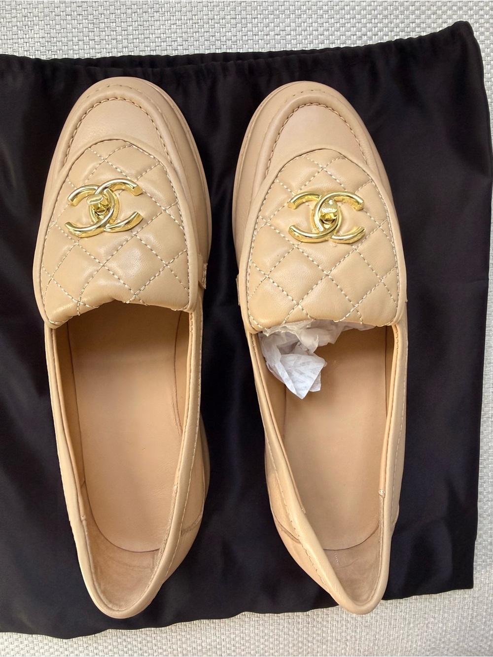 Designer-Like Quilted Beige Leather Loafers with Gold Hardware